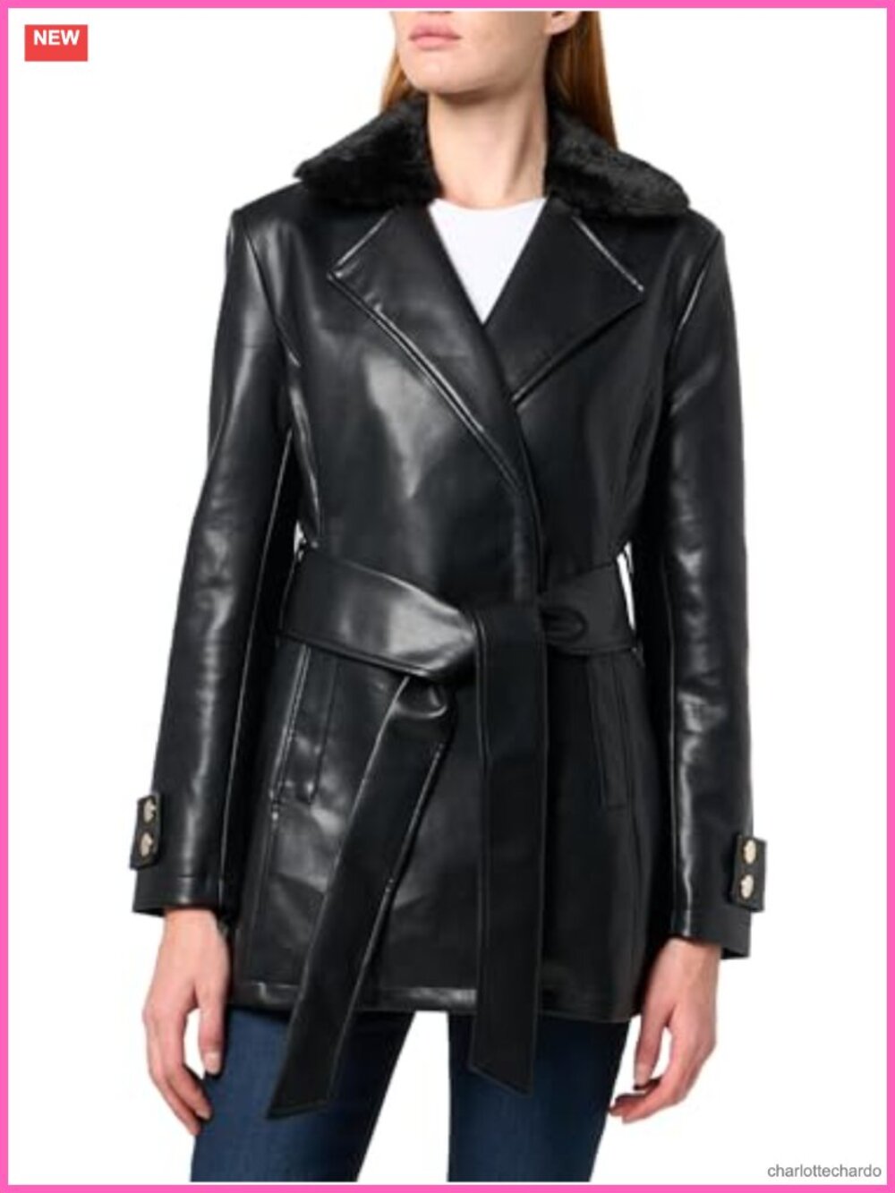 Faux Leather Mid-Length Trench Coat Removable Faux Fur Collar Belted